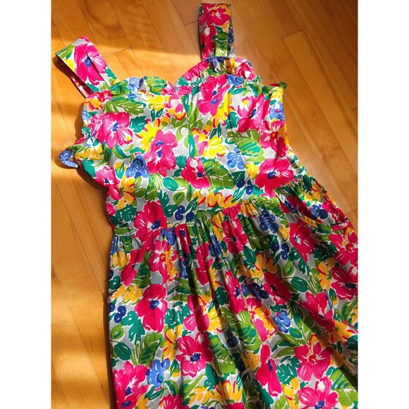 Dresses & Skirts - Vintage tropical cotton floral sleeveless midi dress, ruffle sweetheart neckline
